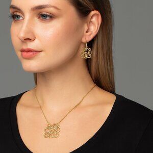 Old Victorian Font Initial E Monogram Necklace Earrings Set Curly Gold Toned